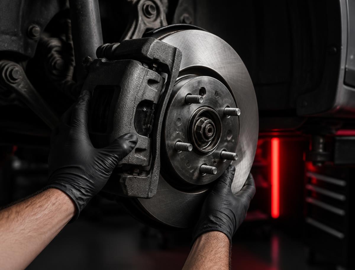 Brake rotor and caliper being replaced during brake repair in the Bronx