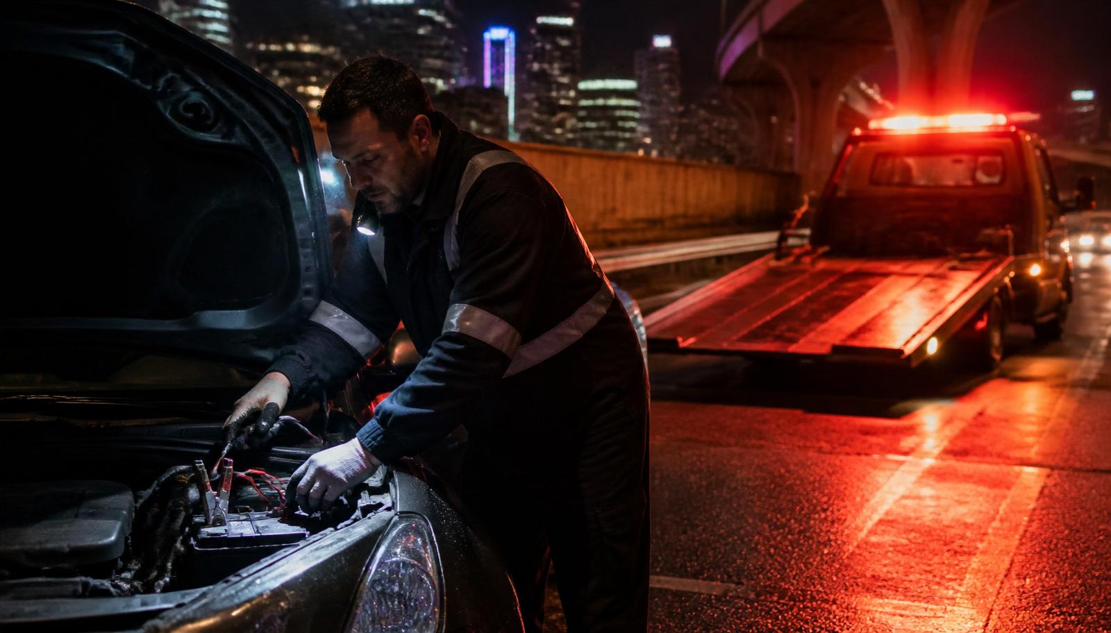 Roadside assistance technician jump-starting a car at night in the Bronx