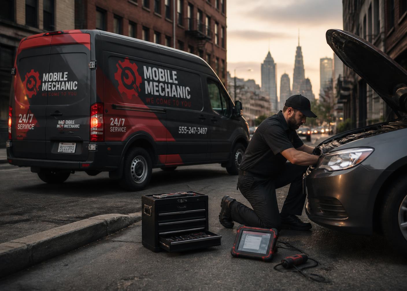 Mobile mechanic with a service van repairing a car on a Bronx street